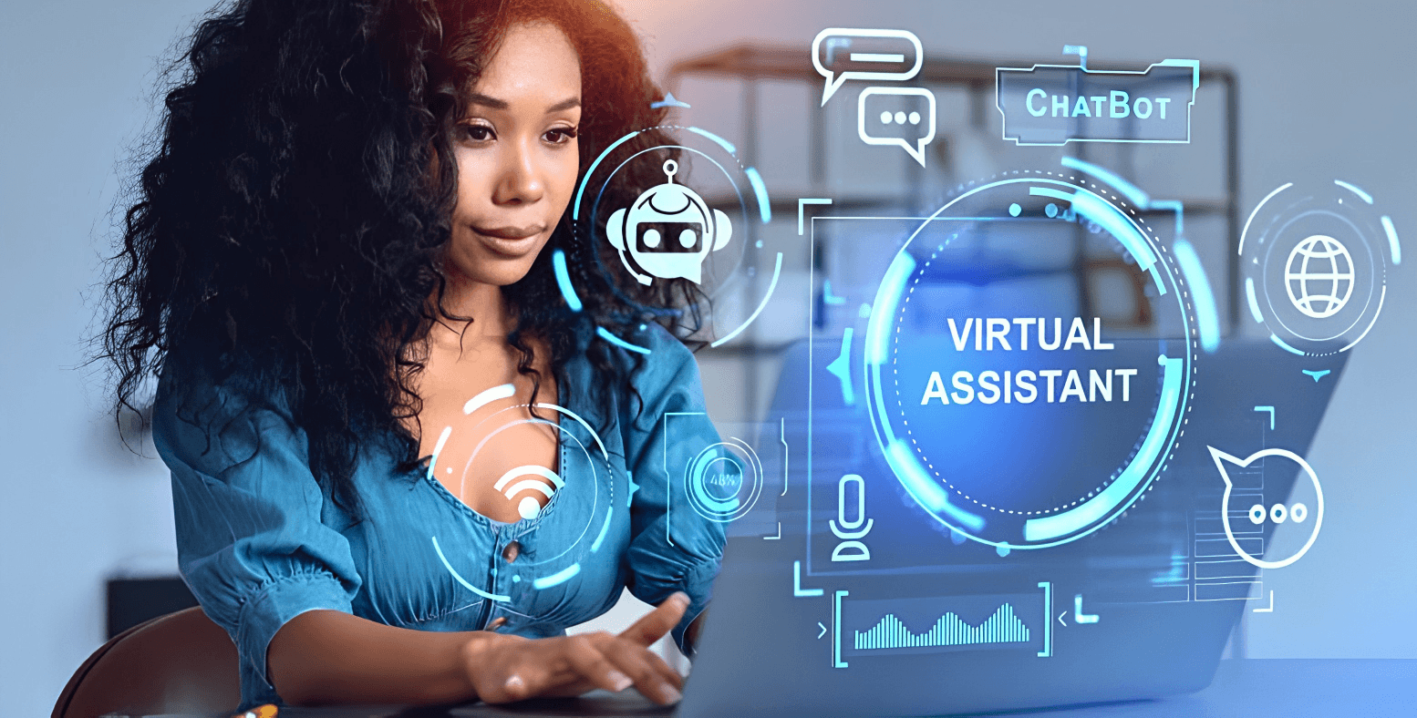 Woman working as a virtual assistant with digital interface graphics
