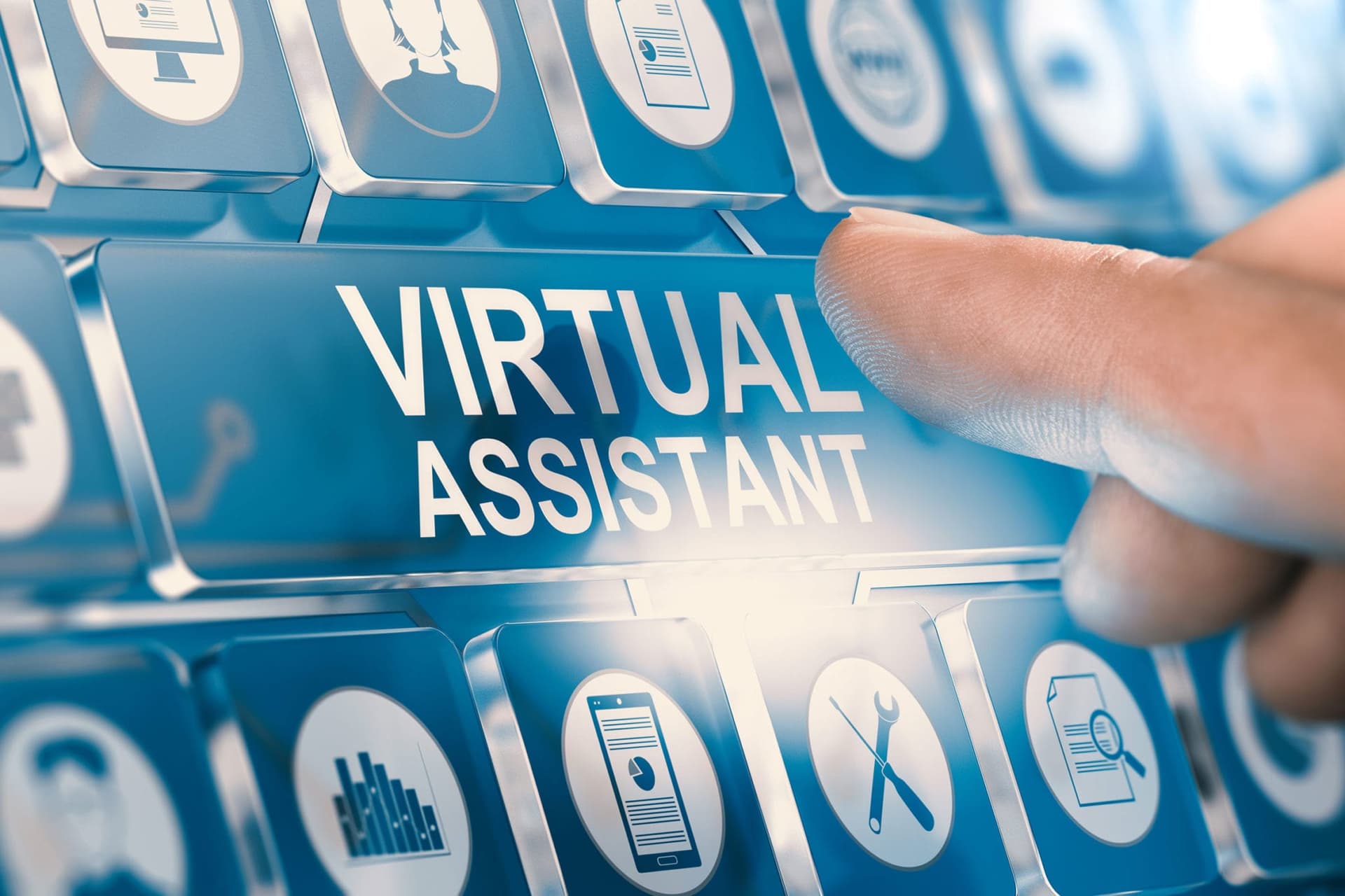 Virtual assistant text on a blue keyboard interface