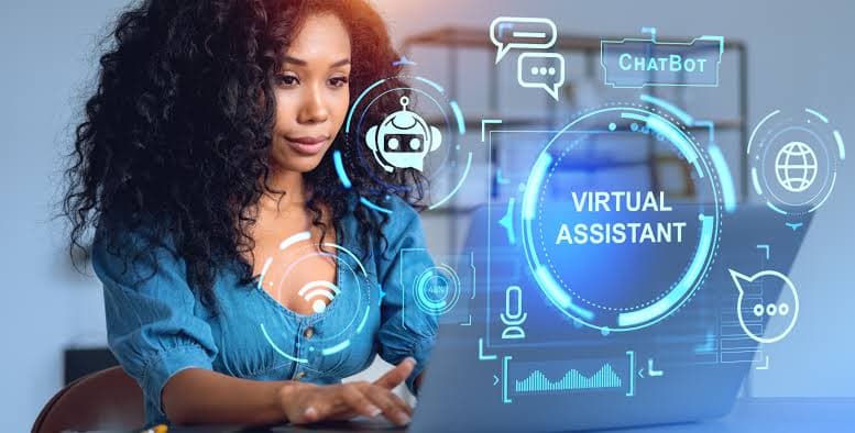 Woman working as a virtual assistant with digital interface graphics